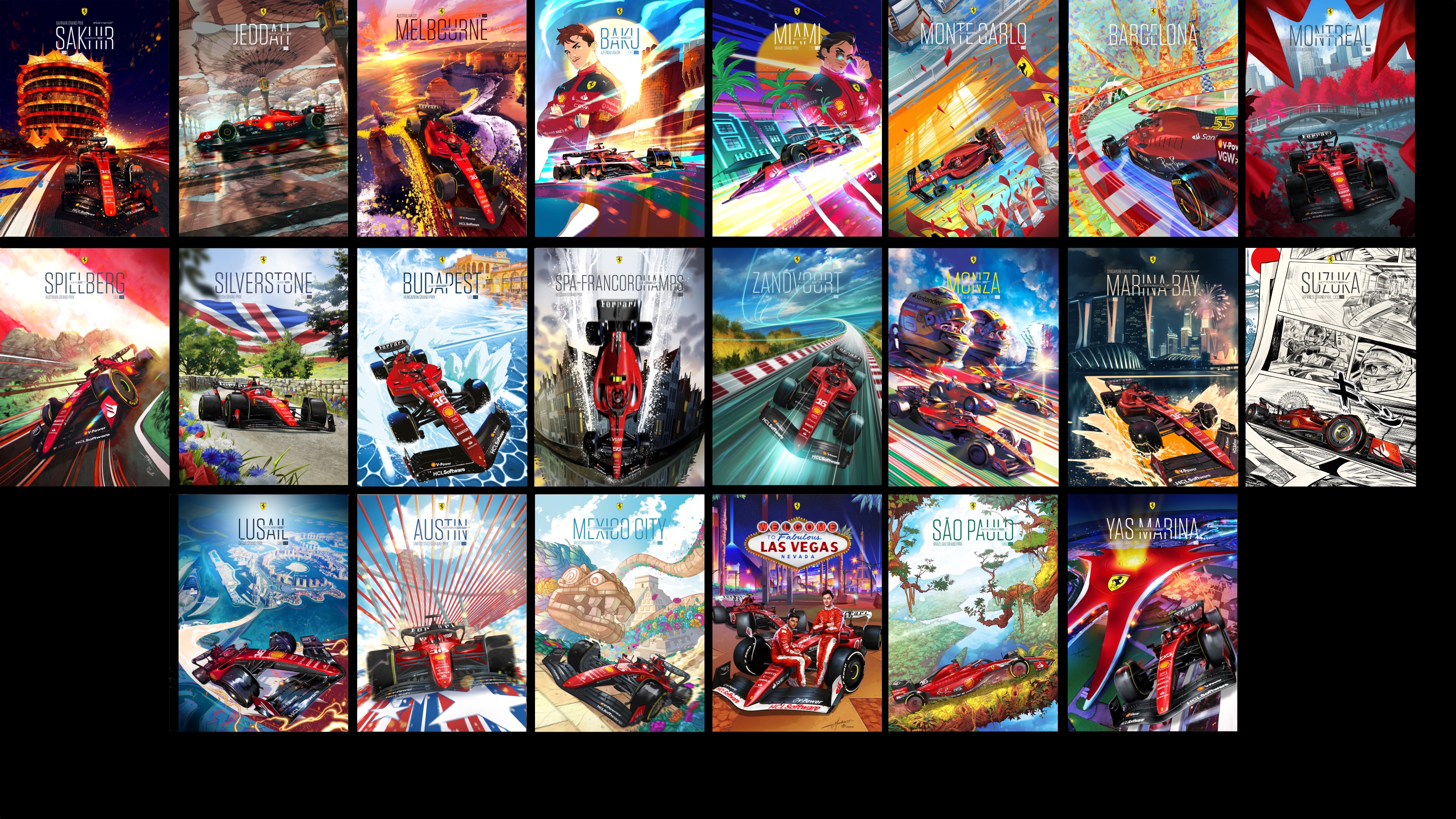 2023 F1 FORMULA 1 FERRARI GRAND PRIX COVER ART RACE POSTERS x 22